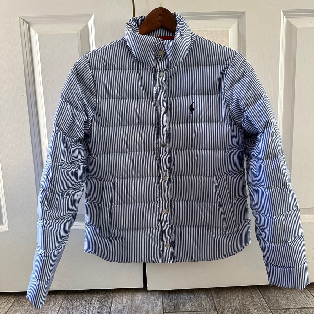 Ralph Lauren Blue Striped Puffer Jacket - Small